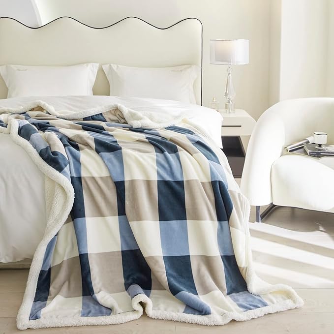 Sherpa Blanket Fleece Throw Blanket for Couch, Flannel Cozy Thick Warm Soft Twin Blanket for Bed, Gray-Soft Blue, 60x80 Inches