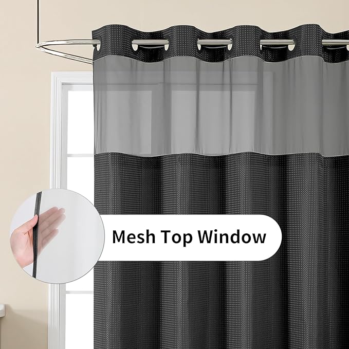 Colorful Star No Hook Shower Curtain with Snap in Fabric Liner, Waffle Weave Heavy Duty Thick Shower Curtains with Mesh Top Window, Hotel Style Waterproof Bathroom Curtain Set, 72 x 81 Inch, Black