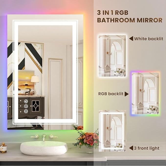 WTTY RGB LED Bathroom Mirror 24"x36" with Backlit and 3 Front Light,Stepless Dimmable LED Mirror for Bathroom,Lighted Bathroom Vanity Mirror for Wall,Anti-Fog,Memory Function,Shatter-Proof