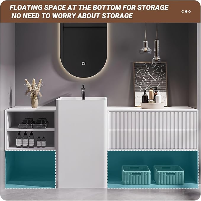 80Inch Freestanding Sink Bathroom Vanity, Wall-Mount Bathroom Cabinet with Open Storage and Striped Drawers, Solid Wood Bathroom Vanity with Smart Defog Mirror and Spacious Rock Plate Countertop