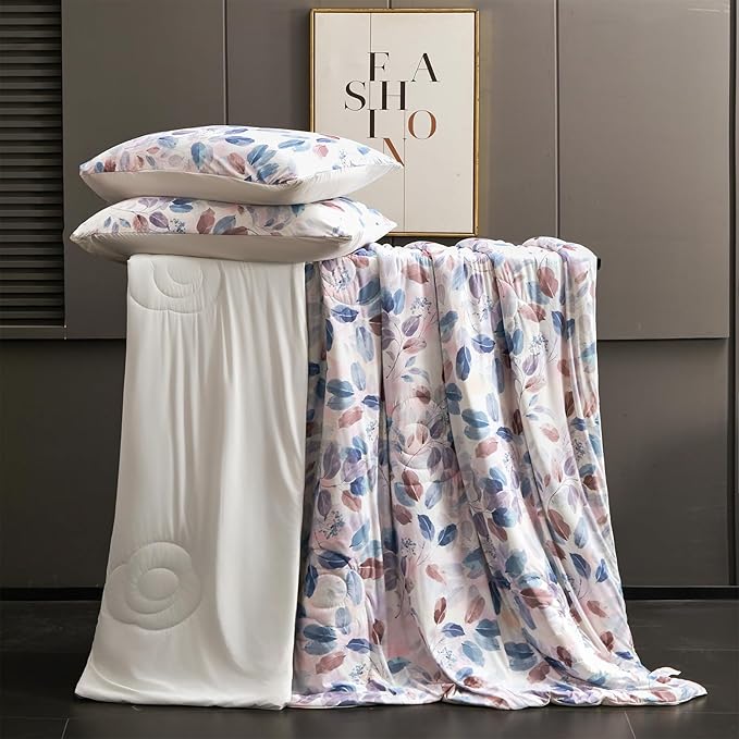 Cyusri Print Cooling Comforter Set 3Pcs Breathable Cool Queen Size Bedding Set with 2 Pillowcases Leaf Pattern Silky Cold Quilt, Blue 90"x90"