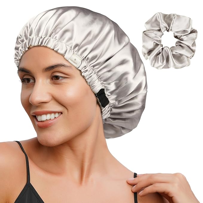 YANIBEST Adjustable Silk Bonnet Double Layer Satin Bonnet Hair Bonnet for Sleeping Bonnets for Women Hats Curly Natural Hair, Ash Grey