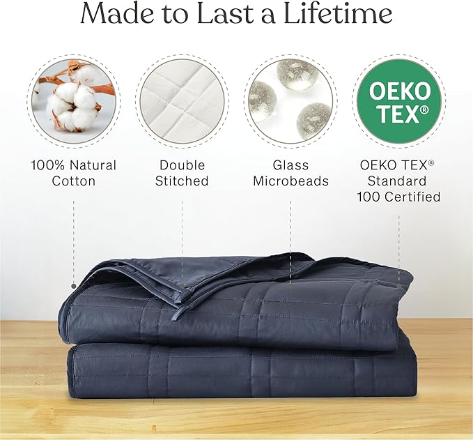 Baloo Weighted Blanket for Adults 20 lb (Navy Blue, 60"x80") | Cool & 100% Cotton | Machine Washable & Dryer Safe | Glass Microbead Fill