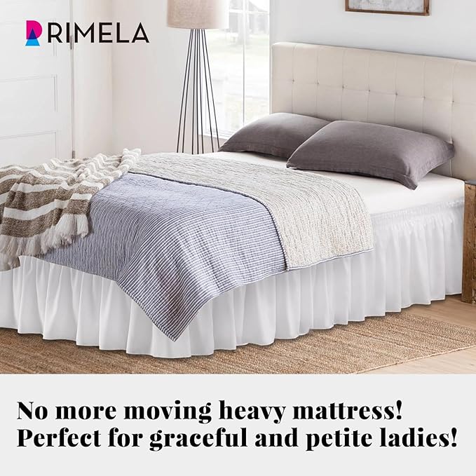 RIMELA White Bed Skirt Twin Size 12 Inch Drop, Elastic Bed Skirting for Bed Base and Frame, Bedding Dust Ruffle Easy to Install, Lightweight Wrap Around Adjustable Bedskirt