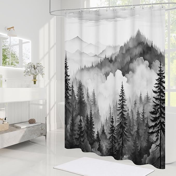 Black Long Misty Pine Forest Shower Curtain 72 x 78, Mountain Foggy Woodland Scenery Tree 78 Inch Long Shower Curtains for Bathroom, Abstract Waterproof Nature-Themed Decor