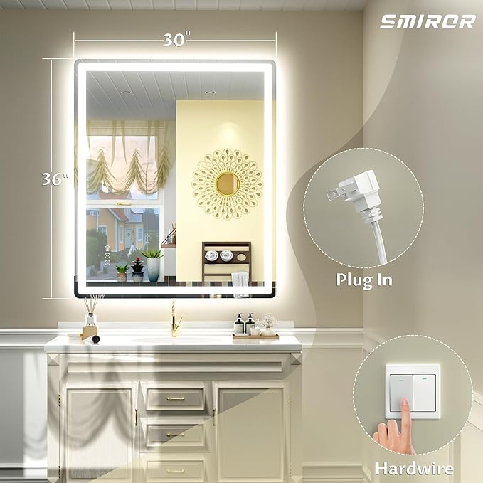 SMIROR LED Bathroom Mirror with Lights 36"x 30", Rounded Rectangle Lighted Vanity Mirror for Wall, Front Lit and Backlit, 3 Colors, Dimmable, Anti-Fog, Tempered Glass (Horizontally/Vertically)