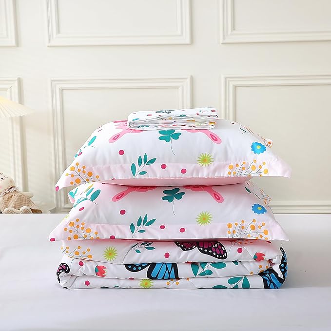 Wajade Queen Size Butterfly Comforter Set for Girls Kids Bedding Sets for Girls 7 Pieces Bed in a Bag Colorful Butterflies Flower Leaves Bedding Set All Season Lightweight