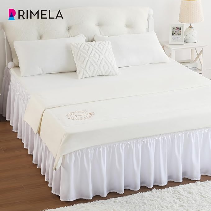 RIMELA White Bed Skirt Full Size 12 Inch Drop, Elastic Bed Skirting for Bed Base and Frame, Bedding Dust Ruffle Easy to Install, Lightweight Wrap Around Adjustable Bedskirt