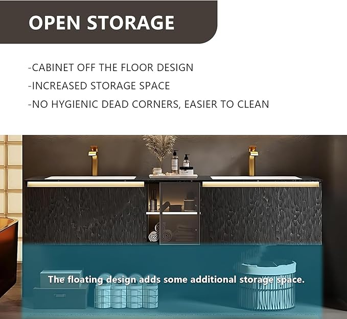 96" Double Bathroom Sink Vanity, Modern Bathroom Vanity Includes LED Smart Defogging Mirror Cabinet & Semi-Open Storage & Ceramic Basin, Floating Bathroom Cabinet with Sensor Light (Dark Brown)