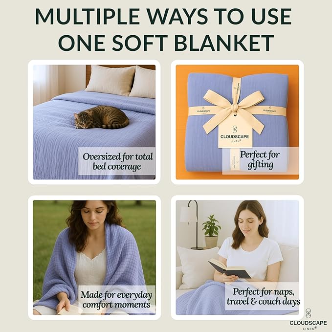 Cloud Scape Linen 100% Cotton 8 Layer Twin Size Muslin Blanket - Breatheable and Soft Winter Blanket for Bed, Couch and Sofa, Oversized Fits up to Twin XL, Best Gift Idea, 68x92, Lavender Blue