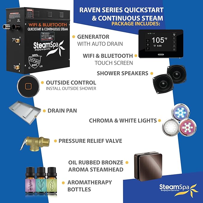 SteamSpa Steam System 6kW Steam Shower Generator with Bluetooth Wifi, Quickstart Continous Steam, Advanced Touch Pad Screen, Chroma Lights, Drain Pan and Auto Drain Oil Rubbed Bronze RVBS600ORB-A