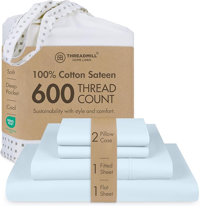 Threadmill 100% Cotton Sheets for Full Size Bed - 600 Thread Count Full Bed Sheets Set with 16” Deep Pocket - Sateen Weave 4-Piece Bedding Set with Cooling Effect, Blue