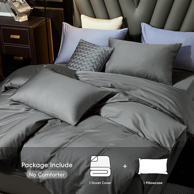 MooMee Duvet Cover Set 100% Extra Long Staple Cotton 600 Thread Count Silky Sateen Smooth Luxury Soft Breathable Durable Hotel Quality Bedding, 2 Pieces (Dark Gray,Twin 68"x90")