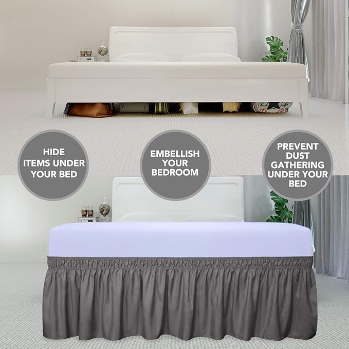 PureFit Wrap Around Ruffled Bed Skirt with Adjustable Elastic Belt - 22 Inch Drop Easy to Put On, Wrinkle Free Bedskirt Dust Ruffles, Bed Frame Cover for Queen, King and C-King Size Beds, Dark Gray