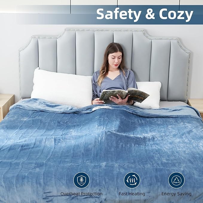 Electric Heated Blanket Throw Size, 50" x 60" Heated Throw with 6 Heating Levels & 3 Hours Auto Off, Machine Washable, ETL & FCC Certified Home Office Use, Blue