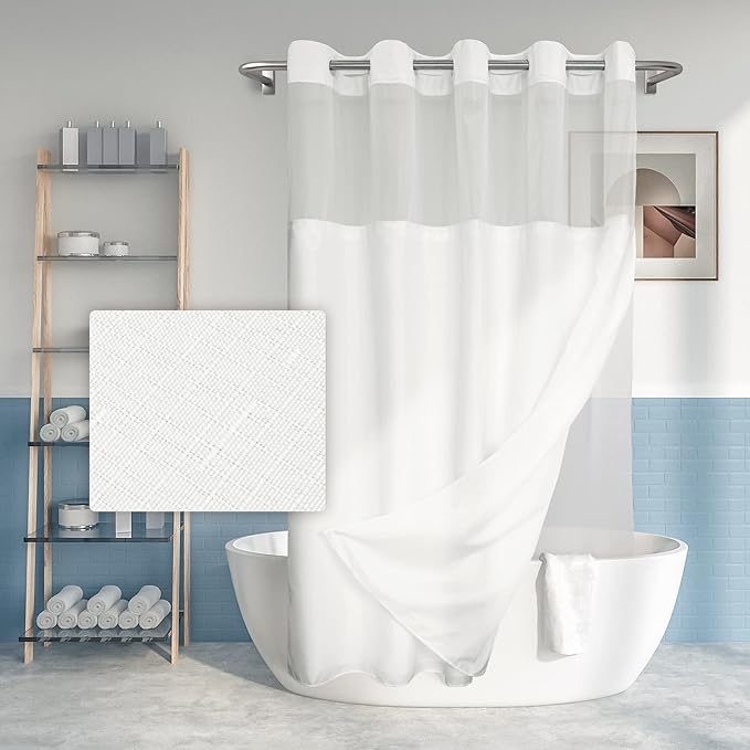 River Dream Extra Long No Hook Slub Textured Shower Curtain with Snap-in PEVA Liner Set - 71" x 98"(96"), Hotel Style with See Through Top Window, Fabric Curtain & Waterproof Liner, White, 71x98