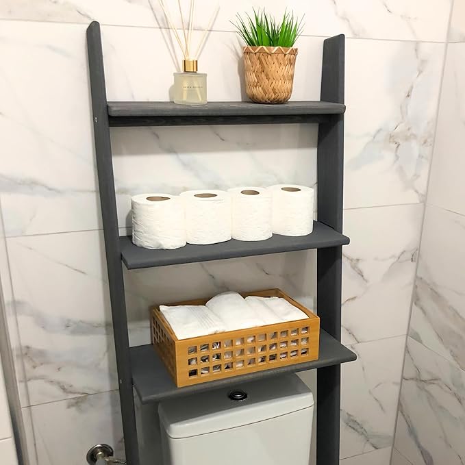 Over The Toilet Bathroom Organizer Shelves, 3-Tier Freestanding Above Toilet Storage Ladder Shelf, Standing Space Saver Behind Toilet Small Bathroom Organizer (Grey)
