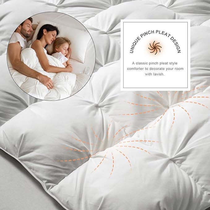 Royoliving Premium Pinch Pleat Feathers Down Comforter King Size White 100% Cotton Cover All Season Duvet Insert with Corner Tabs (106x90, 70 oz)