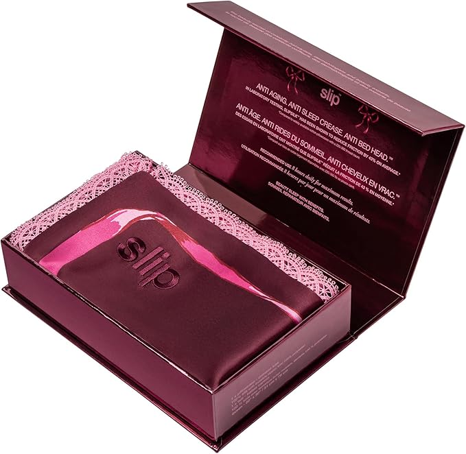 slip Queen Silk Pillowcase – Crimson Kiss Limited Edition with Lace Trim – 100% Pure Mulberry Slipsilk™ – Anti-Frizz, Anti-Aging, Invisible Zipper Closure