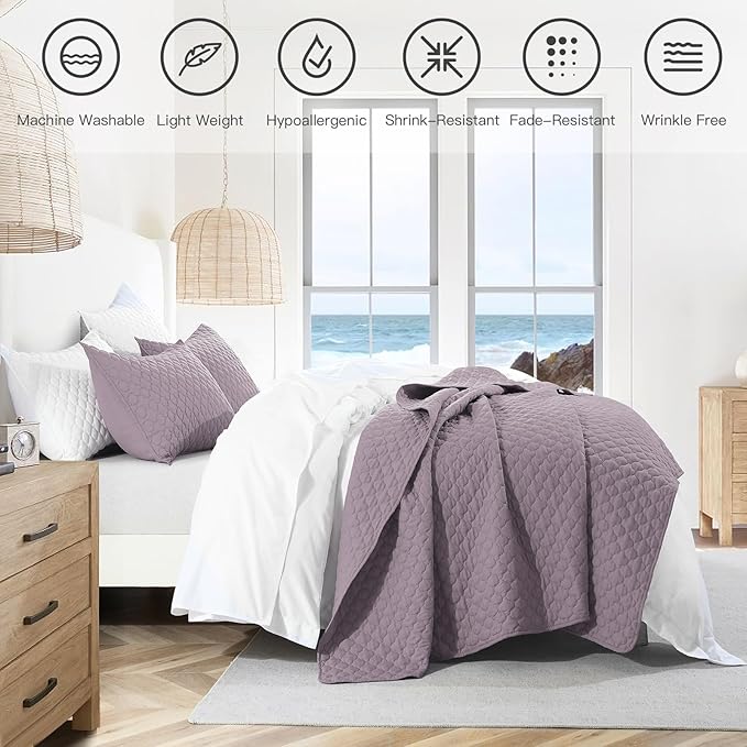 HORIMOTE HOME Quilt Queen Size Grayish Purple, Lightweight Quilt for Summer Ultra-Soft Microfiber Modern Style Quilted Clouds Pattern Bedspread Quit Set 3 Pieces(1 Quilt and 2 Pillow Shams)