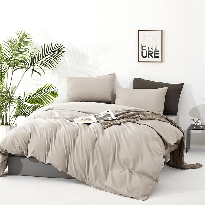 Cottonight Beige Comforter Set Queen Cream Khaki Bedding Comforter Full Oatmeal Solid Blanket Quilts Modern Soft Breathable Beige Taupe Color 3 Piece Bedding Set