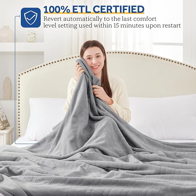 Sealy Electric Blanket Full Size, Flannel Heated Blanket with 10 Heating Levels & 1-12 Hours Auto Shut Off, Machine Washable, Light Grey, 80 x 84 Inch