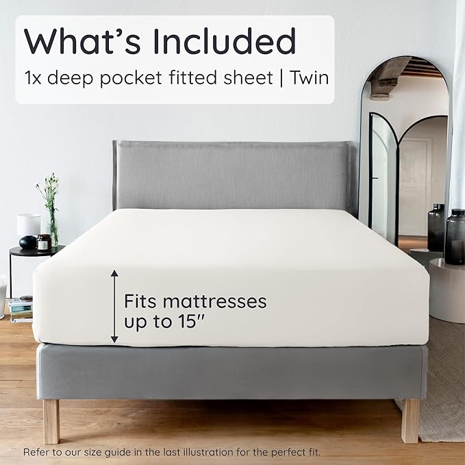 Bambaw 100% Viscose Derived from Bamboo Sheets Twin Size, Cooling Fitted Sheet Only, Twin Size Fitted Sheets Only, 15’’ Deep Pocket Cream Fitted Sheet with Straps, Twin Bed Fitted Sheet Only (Ivory)