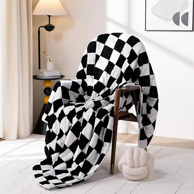 Wemore Flannel Fleece Weighted Blanket for Adult Twin Size 15 lbs, Dual Sided Luxurious Checkerboard Grid Heavy Blankets, Ultra Soft Throw Blanket, Plaid Black, 48 x 72 inches