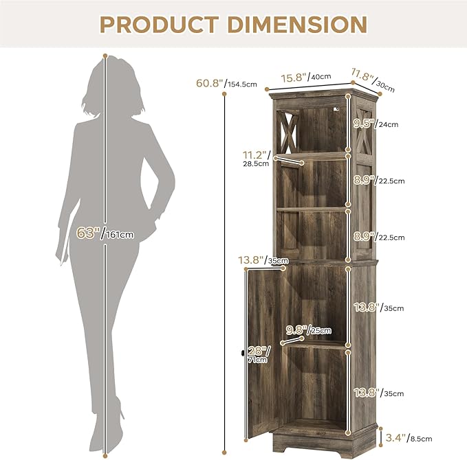 Tall Bathroom Storage Cabinet with Door and Open Adjustable Shelves, 60.9" H Wooden Tower Corner Narrow Farmhouse Cabinet, Freestanding Organizer for Kitchen, Entryway Grey