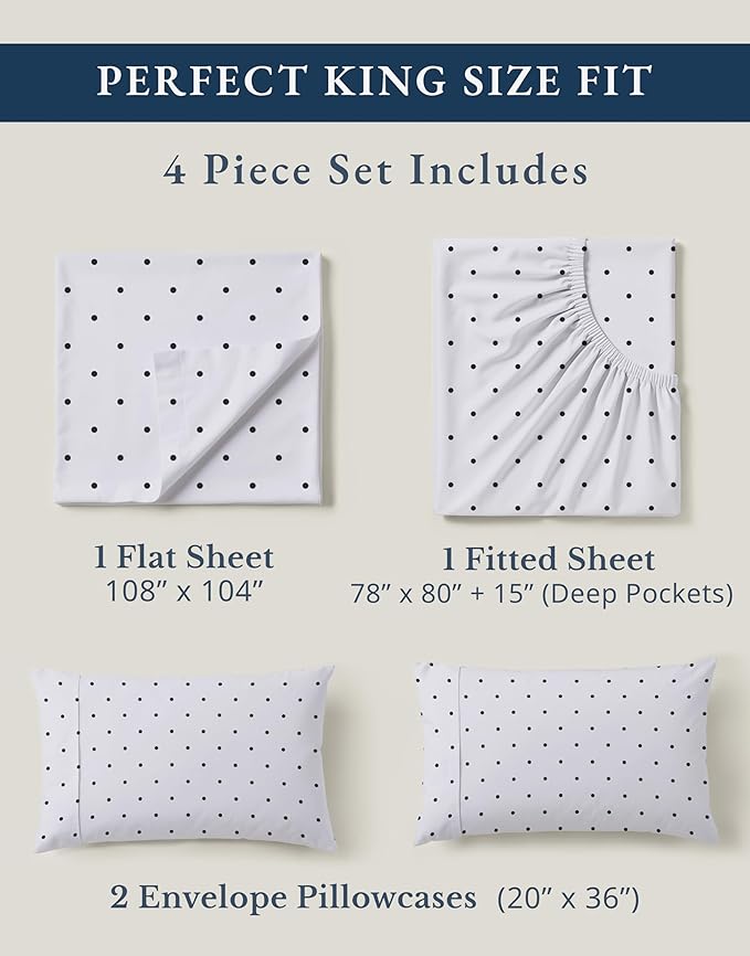 LANE LINEN 100% Organic Cotton Printed King Size Bed Sheets Machine Washable Fully Elasticized Low Pill Fade Resistant Cotton Sheets, Soft & Comfy Percale Eco Friendly sábanas King- Black Polka Dot
