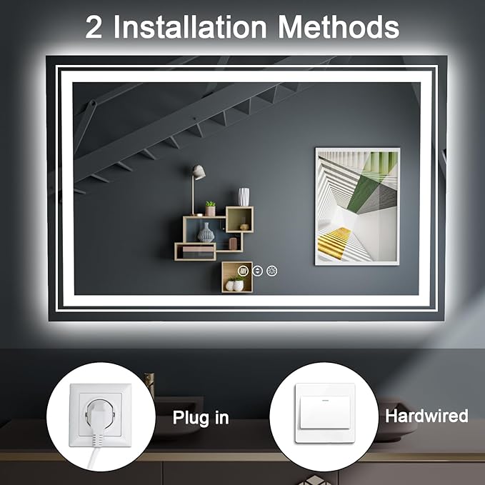 LED Bathroom Mirror, 40"X36" with Front and Backlit, Anti-Fog, Bathroom Vanity Mirror for Wall, Memory Function, Stepless Dimmable, Tempered Glass (Horizontal/Vertical)