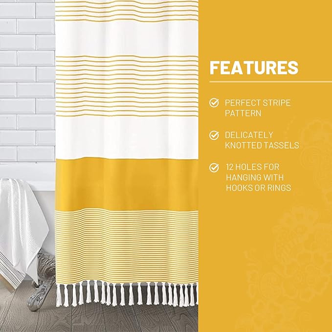 Awellife Boho Yellow Shower Curtain for Bathroom Farmhouse Cotton Stripe Tassel Shower Curtain Natural Texture 72" L x 60" W