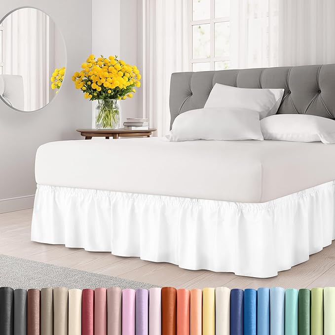 Wrap Around Dust Ruffle Bed Skirt - White - for Queen Size Beds with 18 Inch Drop - Easy Fit Elastic Strap - Adjustable Pleated Bedskirt w/Brushed Fabric - Wrinkle Free - for Women, Men, Kids & Teens
