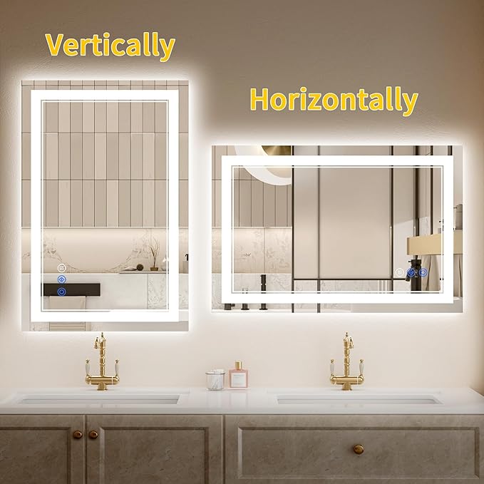 24X36 LED Bathroom Mirror with Lights, Anti-Fog, Backlit + Front Lit, Dimmable, Led Vanity Mirror for Wall, Lighted Bathroom Mirror, 3 Colors, Shatter-Proof Tempered Glass