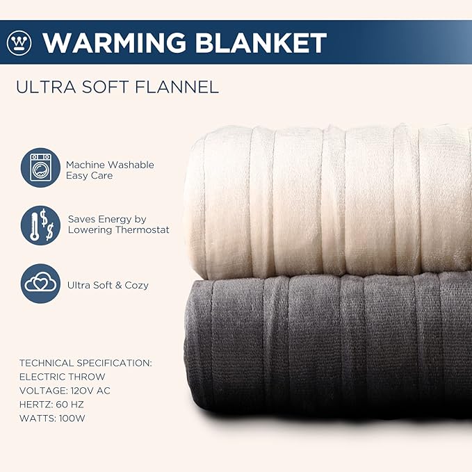 Westinghouse Electric Blanket Twin Size, Super Cozy Soft Flannel 62"" x 84"" Heated Blanket with 10 Fast Heating Levels & 1-12 Auto-Off, Machine Washable, ETL&FCC Certification, Charcoal