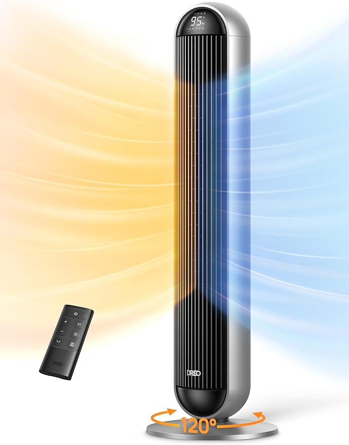 Dreo Tower Fan and Heater Combo, 29.2ft/s Standing Fans for Bedroom, 17 Levels, 6 Modes, 120° Oscillation, 42 Inch, 12H Timer, 25dB Quiet, with Remote, for Office, Large Room, Silver