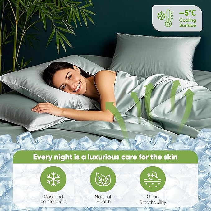 TWK Luxury Sheet Set, Genuine 100% Viscose Derived from Bamboo, Cooling & Breathable, Silky Soft, Bedding Sheets & Pillowcases (Sea Glass, King)