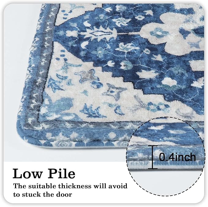 Uphome Vintage Bathroom Runner Blue Boho Non-Slip Long Bath Mat Oriental Soft Machine Washable Bedroom Rug Traditional Tribal Floral Floor Carpet for Kitchen Hallway Kids Room, 24x59 inch