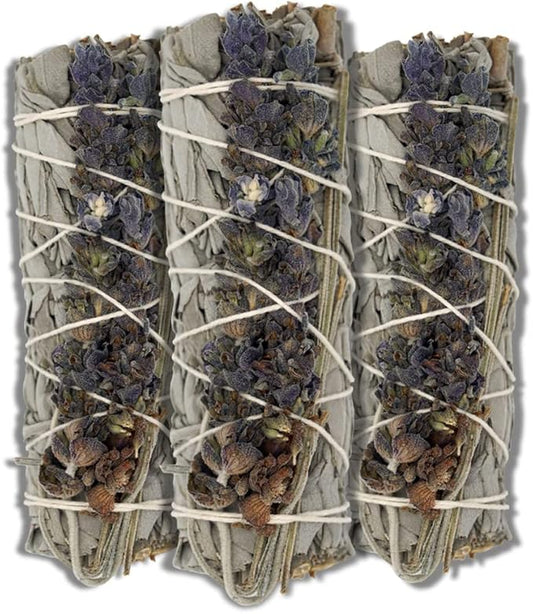 ESPOIR & AMOUR Lavender Sage - 3 Spiritual White Sage & Lavender Smudge Stick for Cleansing Negativity - 4 Inch Hand-Tied Stick