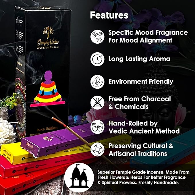 Luxe Incense Sticks Set – 175 Hand-Rolled Natural Incense with Holder | 7 Fragrances: Lavender, Sandalwood, Jasmine, Rose, Vanilla, Patchouli, Indian Temple | Aromatherapy, Meditation, Yoga, Gift