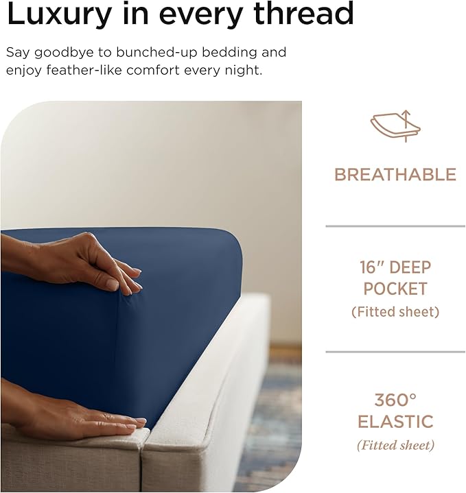 Threadmill 100% Cotton Sheets for Cal King Size Bed - 600 Thread Count Cal King Bed Sheets Set with 16” Deep Pocket - Sateen Weave 4-Piece Bedding Set with Cooling Effect, Folkstone Blue