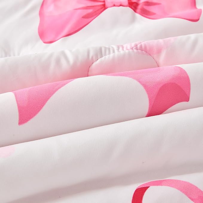 Wajade 7 Piece Pink Bow Bedding Set for Girls Kids Queen Size Comforter Set with Sheet and 2 Pillowcases 2 Pillow Shams Cute Girls Bed in a Bag as Birthday Choice