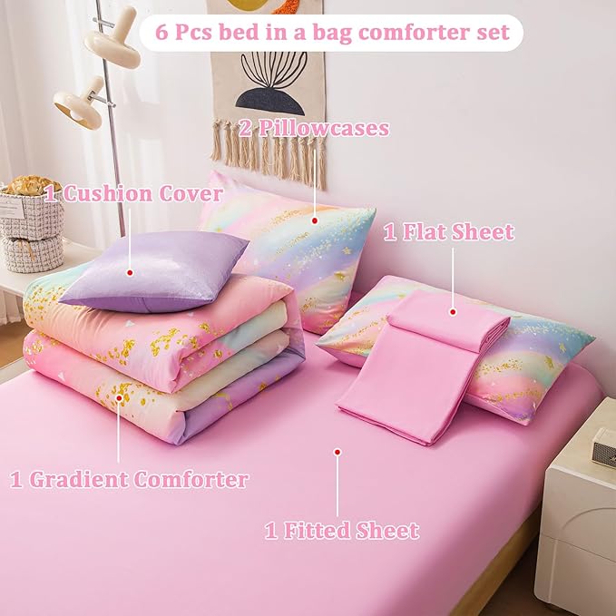 Rainbow Bedding Set Full Size – 6-Piece Reversible Girls Comforter with Deep-Pocket Sheet, Gradient Galaxy Design, Whole-Piece Filling, Machine Washable Bed-in-a-Bag for Kids Room Makeover & Gifts