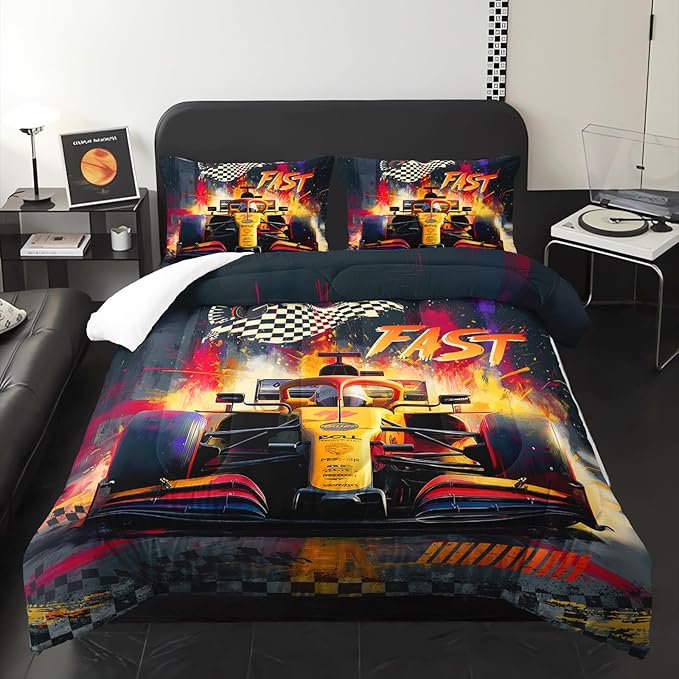 F1 Race Car Comforter Set Twin for Boys，Boys Twin Size Bedding Set Race Car，with 1 Comforter with 2 Pillow Case，F1 Race Car Themed Bedroom Decor