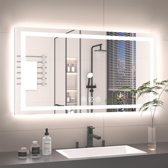 55X30 LED Bathroom Mirror with Lights, Anti-Fog, Backlit + Front Lit, Lighted Bathroom Vanity Mirror for Wall, Memory Function, Dimmable, Tempered Glass, Shatter-Proof, ETL Listed