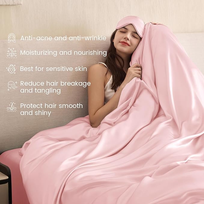 THXSILK 100% Pure Mulberry Silk Duvet Cover Set 3 Piece, 6A+ Grade Luxury Soft Bedding Silk Sheets for Hair and Skin, 1 Pcs Quilt/Comforter Cover with 2 Zippered Pillowcases (Charming Pink, Queen)