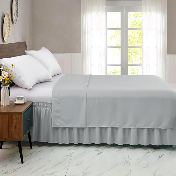 FreshCulture King Bed Skirt, Dust Ruffle for King Size Bed, Easy Fit with 15-Inch Tailored Drop, Elastic Wrap Around Bed Skirt King Size, Hotel Quality Bed Skirts for Adjustable Bed (Light Grey)