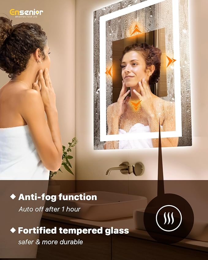 Ensenior LED Bathroom Mirror 24"x 32" with Front and Backlight, Stepless Dimmable Wall Mirrors with Anti-Fog, Shatter-Proof, Memory, 3 Colors, Modern LED Vanity Mirror-ETL & FCC