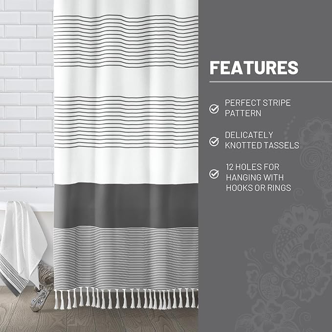 Awellife Gray Shower Curtain for Bathroom Stripe Tassel Shower Curtain 72 X 78 Farmhouse Cotton Boho Dark Grey