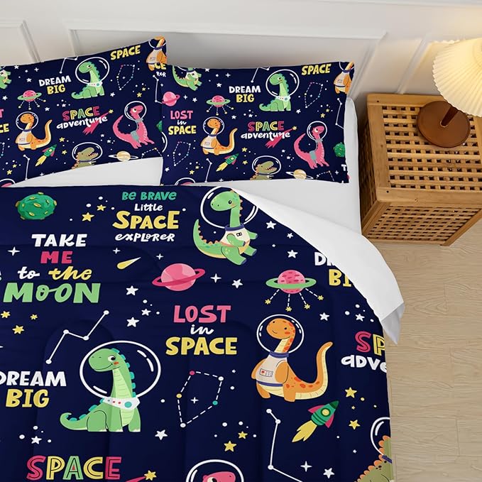 Dinosaurs in Space Twin Comforter Set，Twin Size Bedding Set for Boys Dinosaurs，with 1 Comforter with 2 Pillow Case